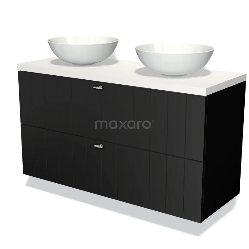 Badmöbel für Waschtischunterschrank mit Konsole 120cm Modulo Plato Matt Schwarz 2 Schubladen Lamelle Matt Weiß Platte BMK17-00265 Schwarzer Badschrank mit doppeltem weißen Aufsatzwaschbecken, modernes Design, geeignet für stilvolle Badezimmerrenovierungen.