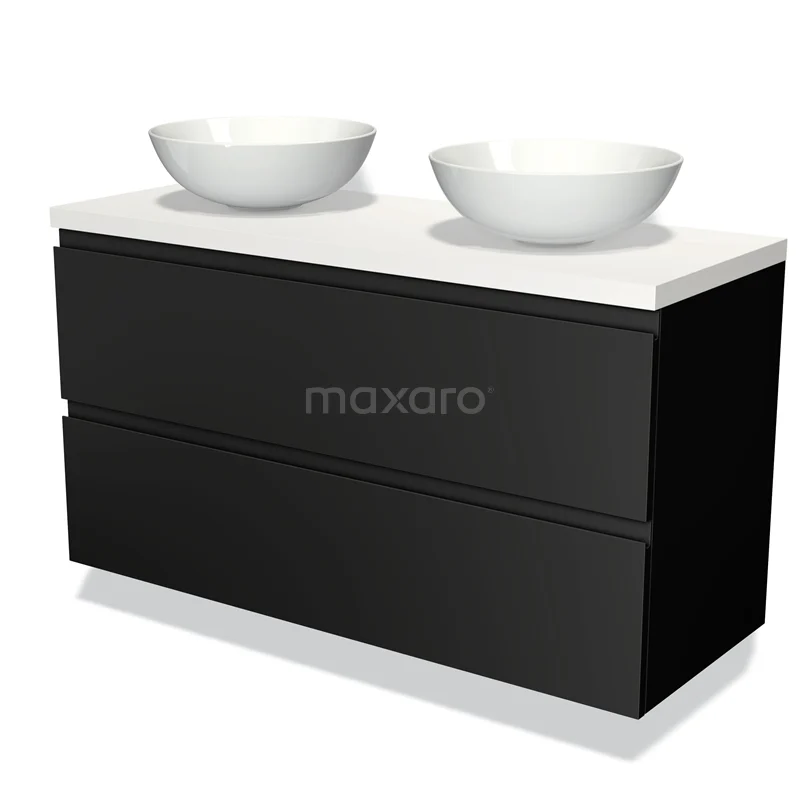 Badmöbelunterschrank mit Konsole 120cm Modulo Plato Matt Schwarz 2 Schubladen Grifflos Matt Weiß Platte BMK17-00266 Schwarze moderne Badmöbel mit zwei weißen Aufsatzwaschbecken, schlichtem Design und glänzender Oberfläche für eine stilvolle Badezimmerinrichtung.