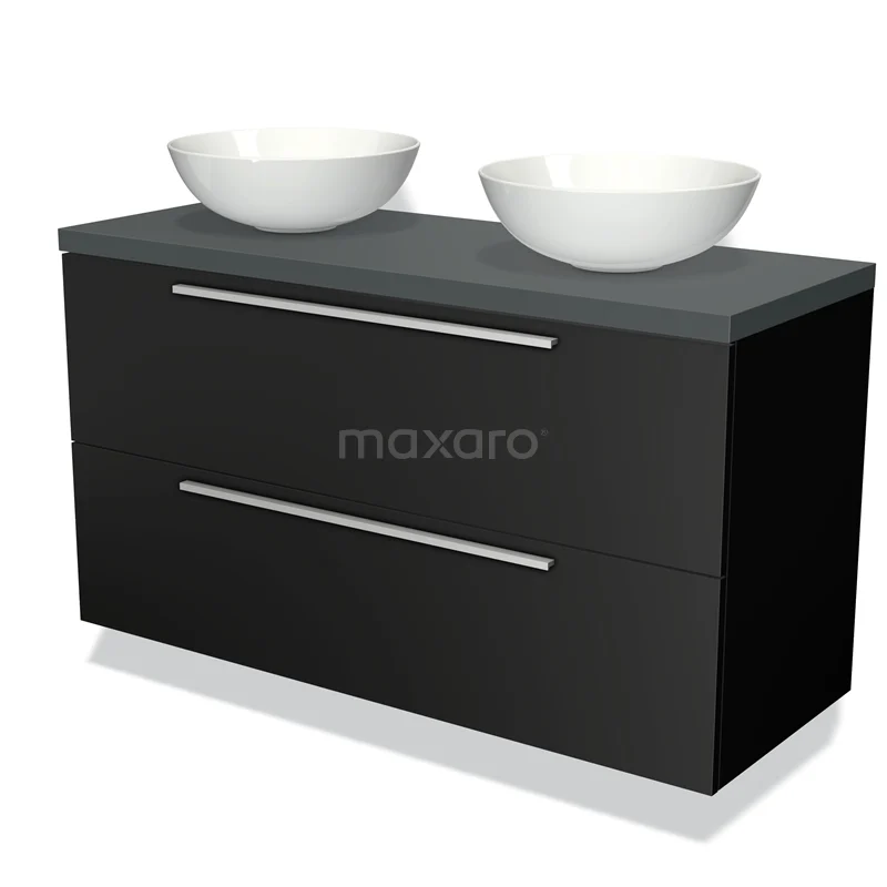 Zwarte badkamermeubelset met twee witte waskommen, strak design en metalen handgrepen, ideaal voor een moderne badkamer.