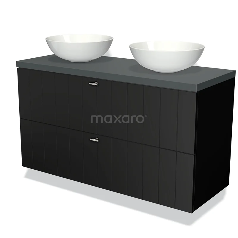 Zwarte badkamermeubelset met twee witte waskommen, strakke afwerking en modern design, perfect voor een stijlvolle badkamer.