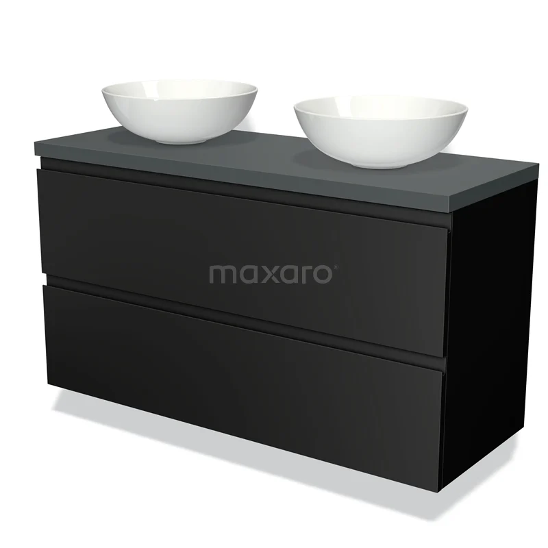 Badmöbelunterschrank mit Konsole 120cm Modulo Plato Matt Schwarz 2 Schubladen Grifflos Dunkelgrau Platte BMK17-00269 Schwarz Badmöbel mit doppelter Platte, ausgestattet mit zwei weißen Aufsatzwaschbecken, modernes Design, ideal für das stilvolle Badezimmer.