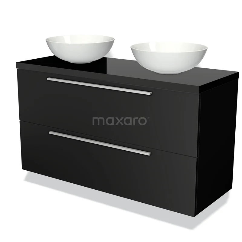 Badmöbelunterschrank mit Konsole 120cm Modulo Plato Matt Schwarz 2 Schubladen Flach Hochglanz Schwarz Platte BMK17-00270 Schwarz Badmöbel mit Hochglanz-Oberfläche, zwei weiße Aufsatzwaschbecken und minimalistischen silbernen Haltegriffen.