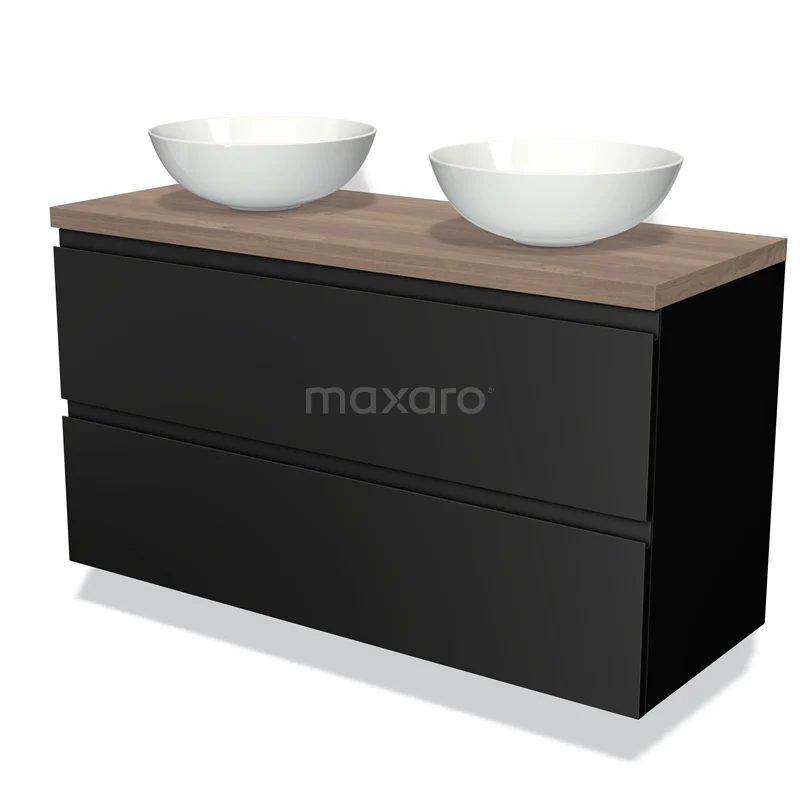 Zwarte badkamermeubelset met twee witte keramische waskommen en houten blad, modern design voor stijlvolle badkamers.