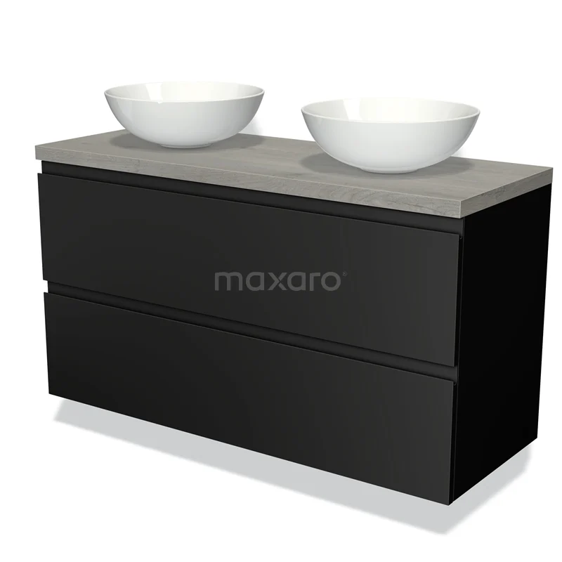 Zwarte badkamermeubelset met betonlook blad en twee witte waskommen, modern design passend voor elke stijlvolle badkamer.