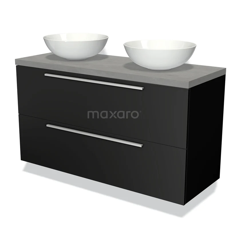 Zwart hangend badkamermeubel met twee witte waskommen, een grijze bovenkant en een modern strak design.