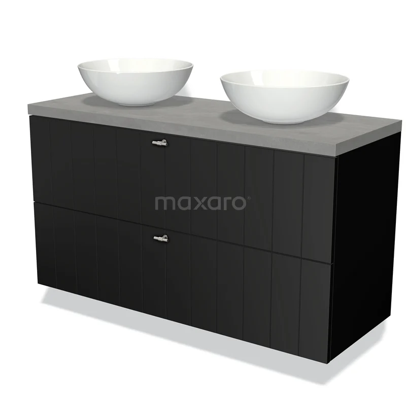 Zwart badkamermeubel met twee witte waskommen, mat grijze bovenkant, strak design, ideaal voor een moderne badkamer.