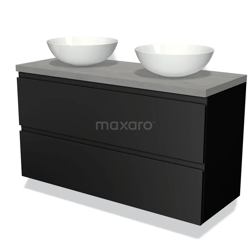 Zwarte badkamermeubelset met dubbele wastafel, modern design en betonlook blad, ideaal voor stijlvolle badkamers.