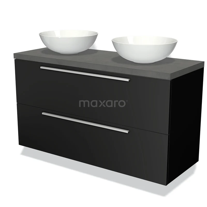 Zwart badkamermeubel met twee witte wastafels, modern ontwerp, metalen grepen en ruime opberglades.