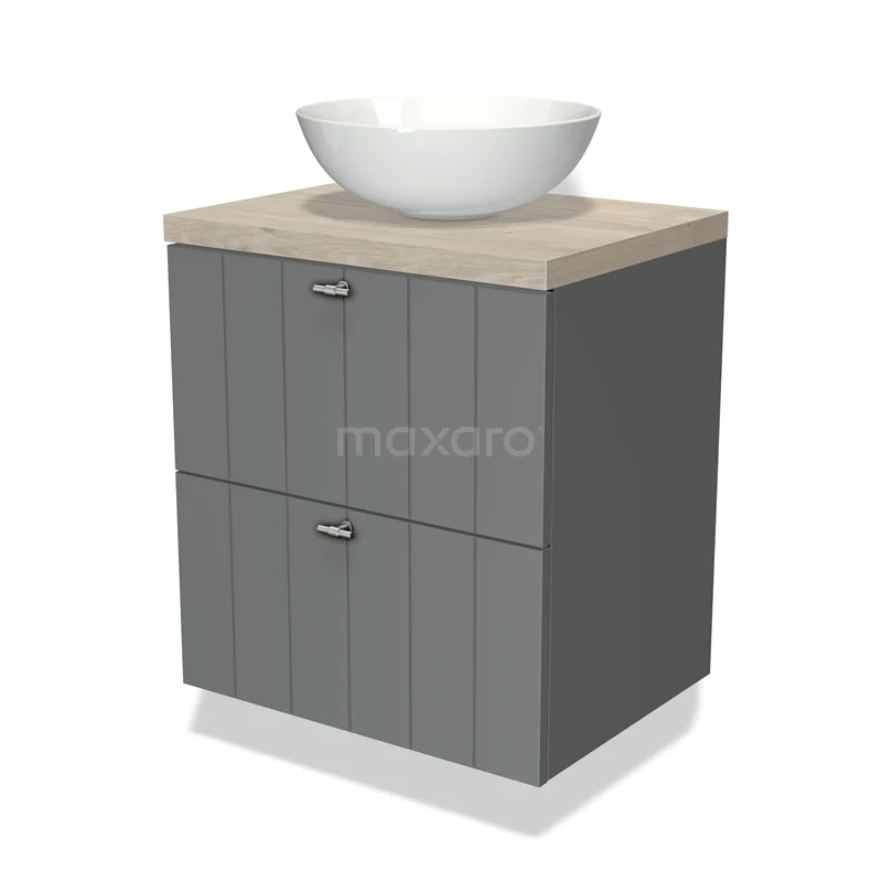 Grijs badkamermeubel met houtlook wastafelblad en ronde witte waskom, ideaal voor een moderne badkamerinrichting.