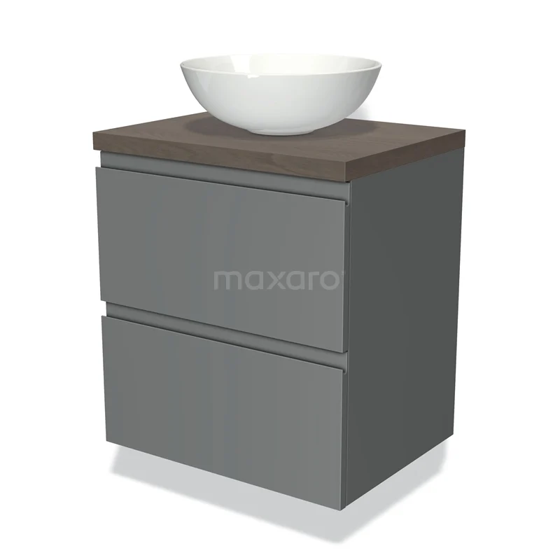 Badmöbel für Aufsatzwaschbecken 60cm Modulo Plato Mittelgrau 2 Schubladen Grifflos dunkelbraune Eiche Platte BMK17-00326 Graue Badmöbelset mit zwei Schubladen, Holzlook Platte und weißem rundem Waschbecken; modernes Design für jeden Badezimmerstil.