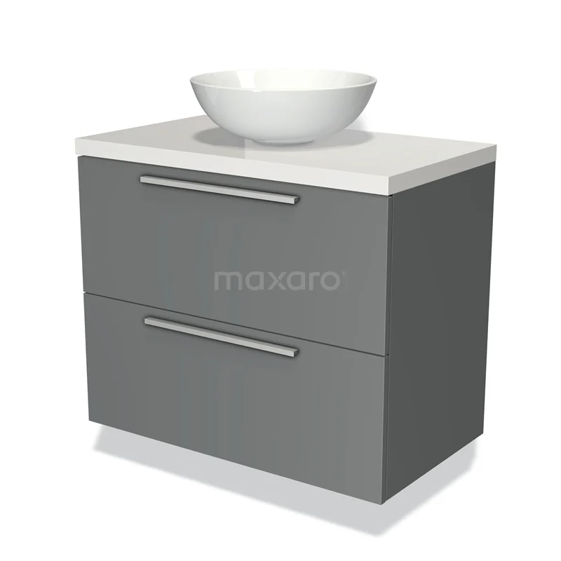 Grijze badkamermeubelset met twee lades en witte komvormige wastafel, modern design voor stijlvol badkamerinterieur.