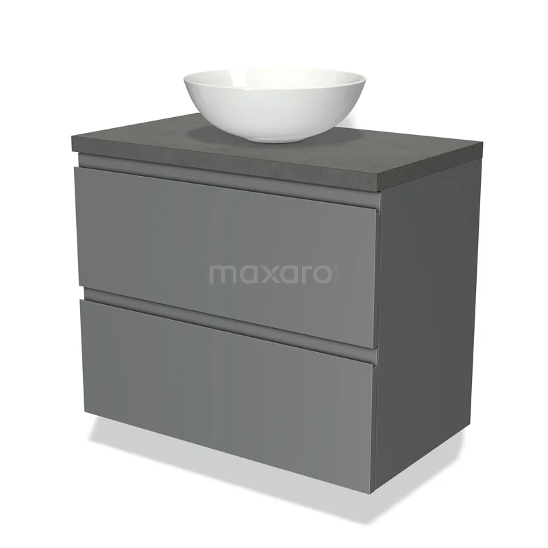 Badmöbel für Waschtischunterschrank mit Konsole 80cm Modulo Plato Mittelgrau 2 Schubladen Grifflos Dunkelgrau Beton Platte BMK17-00374 Graue Badmöbel Set mit weißem Aufsatzwaschbecken, modernes Design, ausgeführt in mattem Anthrazit, ideal für ein stilvolles Badezimmer.