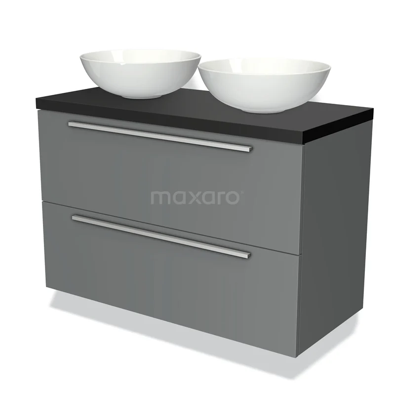 Badmöbel für Waschtischunterschrank mit Konsole 100cm Modulo Plato Mittelgrau 2 Schubladen Flach Matt Schwarz Platte BMK17-00375 Grauer Badschrank mit zwei weißen Waschbecken, modernes Design, schwarze Platte, schlichte Schubladen und metallene Haltegriffe.