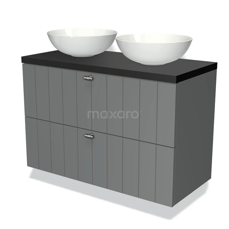 Grey bathroom unit with double vanity units for countertop wash basins, black worktop and vertical lines, ideal for stylish and functional bathrooms.