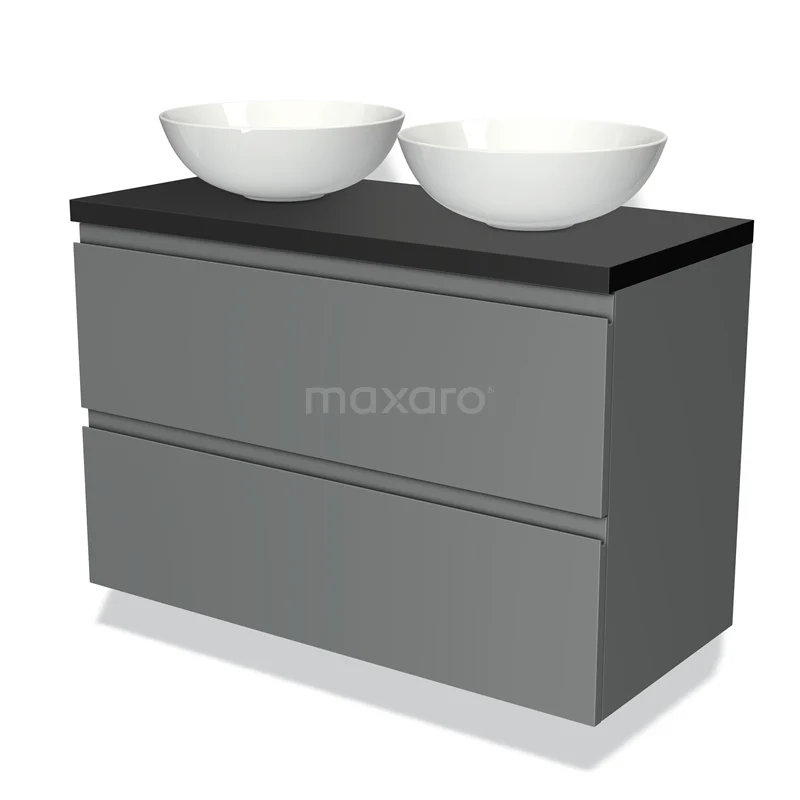 Grey bathroom furniture set with two round white countertop wash basins and matte black worktop, minimalist design.