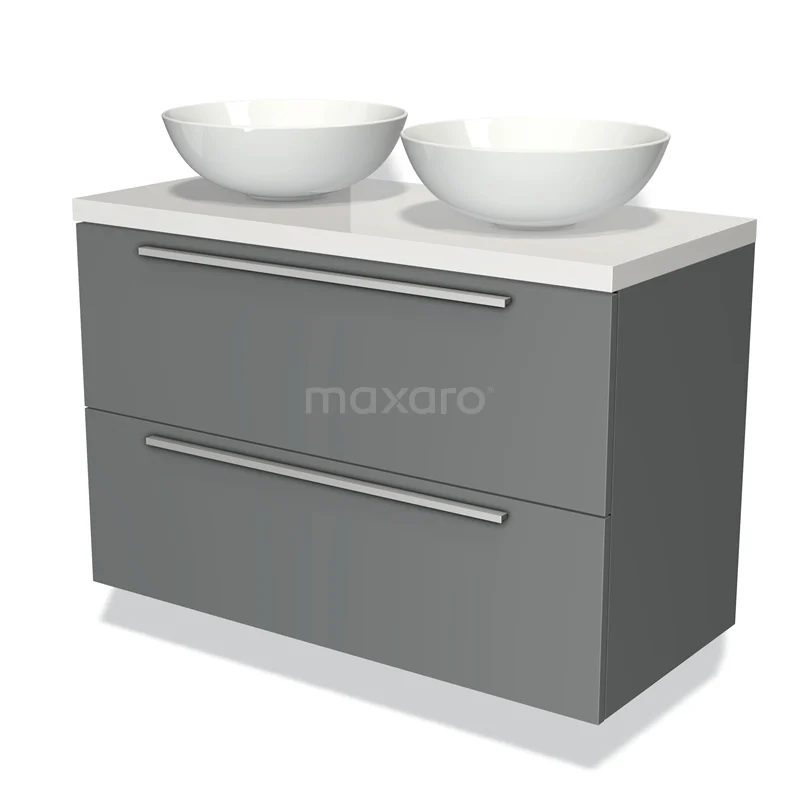 Grey bathroom unit with two white bowl-shaped vanity units with basin, modern design, with silver handles and spacious storage drawers.