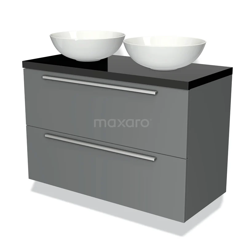 Badmöbel für Waschtischunterschrank mit Konsole 100cm Modulo Plato Mittelgrau 2 Schubladen Flach Hochglanz Schwarz Platte BMK17-00387 Graue Badmöbelset mit schwarzer Platte, zwei weißen Waschbecken und modernen Schubladen, ideal für elegante Badezimmerinrichtungen.
