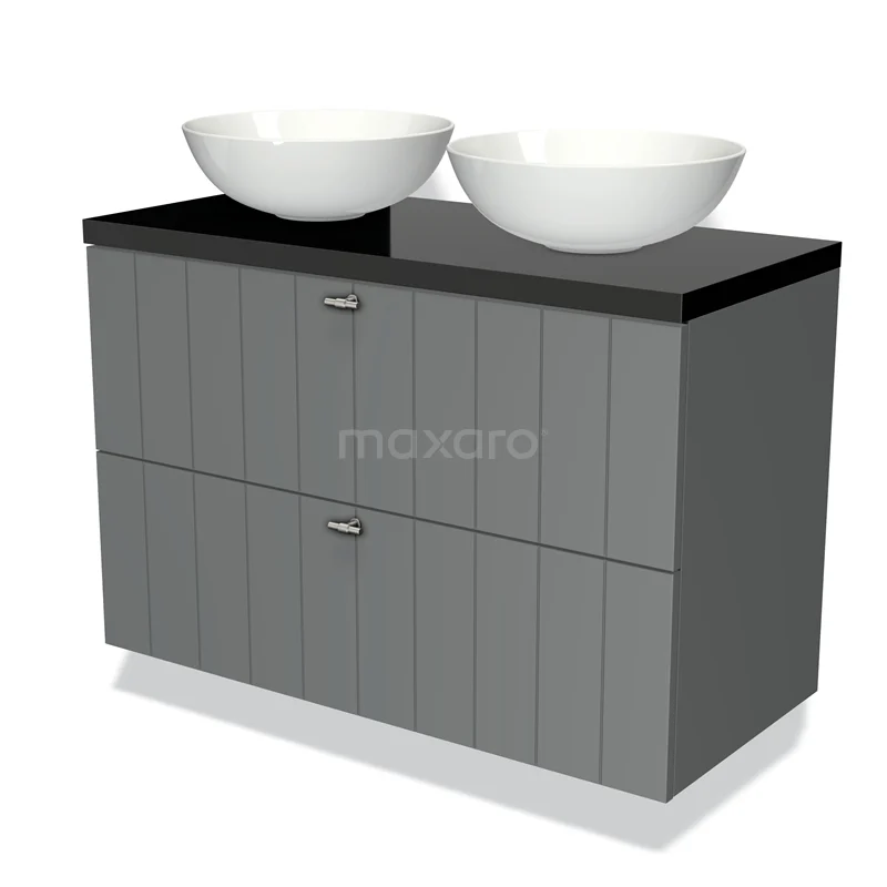Badmöbel für Waschtischunterschrank mit Konsole 100cm Modulo Plato Mittelgrau 2 Schubladen Latten Hochglanz Schwarz Platte BMK17-00388 Graue Badmöbel mit schwarzer Platte, zwei weißen Aufsatzwaschbecken und vertikalen Linien; modernes Design für stilvolle Bäder.