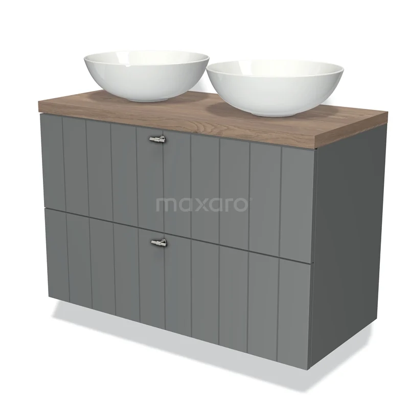 Grey bathroom unit with wood-look worktop, two round white countertop wash basins and vertical lines in modern design.