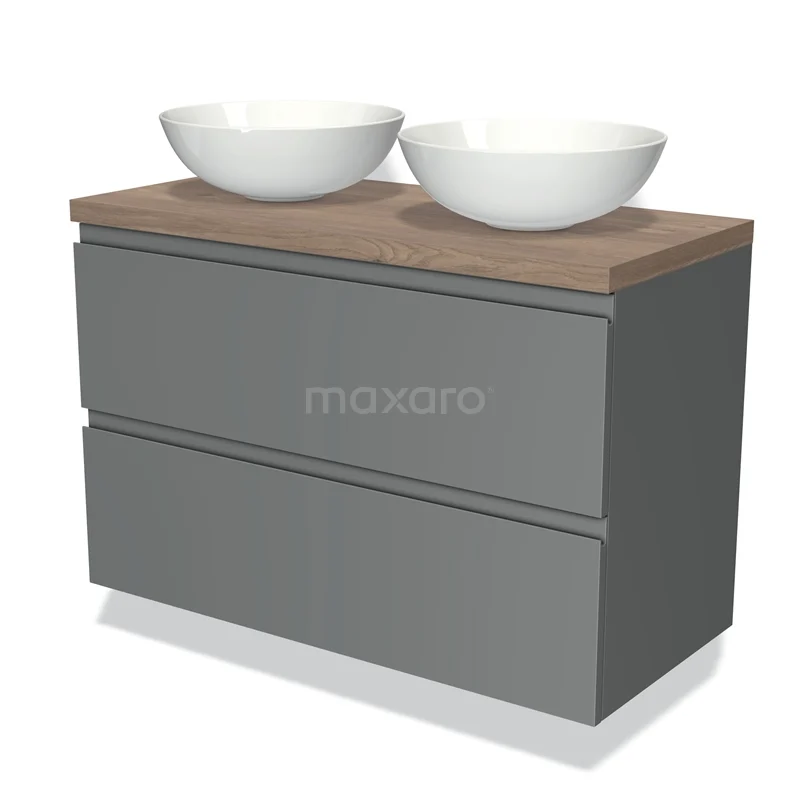 Grey bathroom unit with two white add-on sinks and a wooden worktop, modern design for a stylish bathroom.