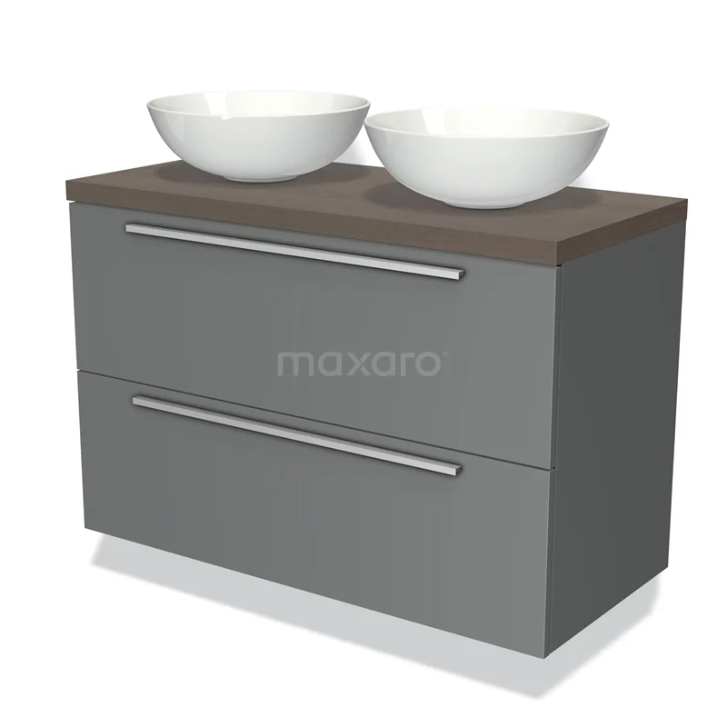 Grey bathroom cabinet with wood-look worktop, double basin and sleek design; ideal for modern bathroom spaces.