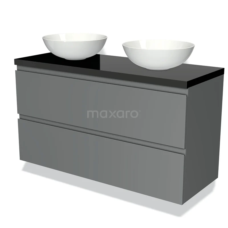Waschtischunterschrank mit Konsole 120cm Modulo Plato Mittelgrau 2 Schubladen Grifflos Hochglanz Schwarz Platte BMK17-00428 Graues Badmöbel mit schwarzem Glaswaschbecken und zwei weißen runden Aufsatzwaschbecken, elegantes Design für moderne Bäder.