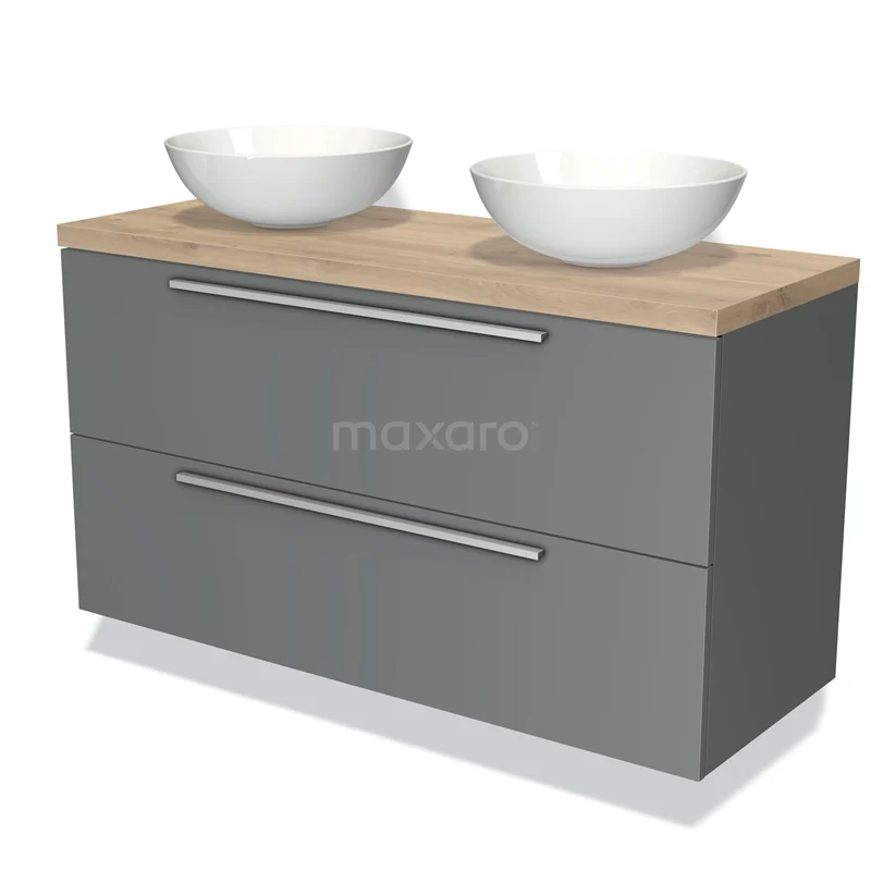 Badkamermeubel met donkergrijze lades, houten blad en twee witte waskommen, modern design voor opbergruimte in de badkamer.