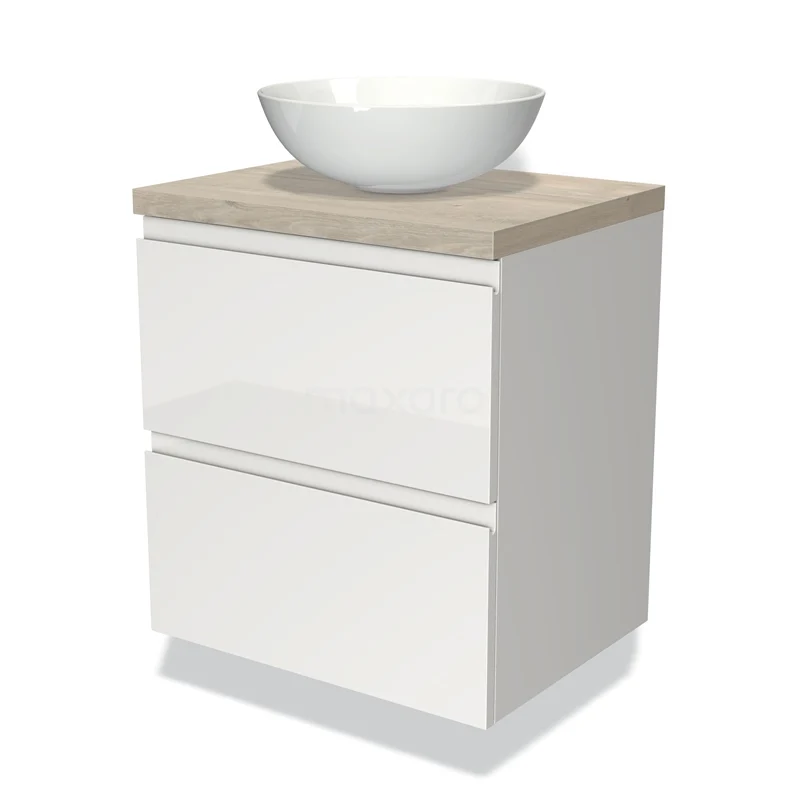 White bathroom unit with two drawers, wood-look worktop and round countertop wash basin, sleek and modern design for any bathroom style.