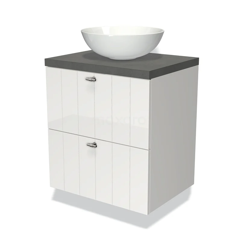 Badmöbel für Aufsatzwaschbecken 60cm Modulo Plato Hochglanz Weiß 2 Schubladen Lamelle Dunkelgrau Beton Platte BMK17-00490 Weißes Badmöbel mit grauer Waschtischplatte und runder weißer Waschbecken; modernes Design, ideal für stilvolle Bäder.