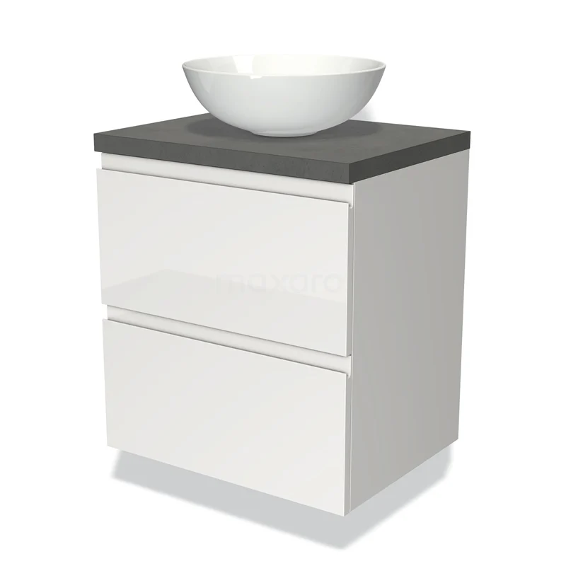 Badmöbel für Aufsatzwaschbecken 60cm Modulo Plato Hochglanz Weiß 2 Schubladen Grifflos Dunkelgrau Beton Platte BMK17-00491 Weißes hängendes Badmöbel mit zwei Schubladen, graue Platte und runde keramische Aufsatzwaschbecken, straff modernes Design.