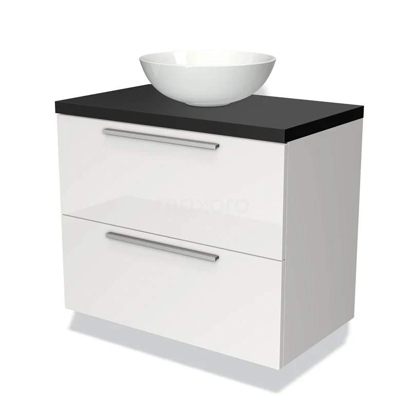Waschtischunterschrank mit Konsole 80cm Modulo Plato Hochglanz Weiß 2 Schubladen Flach Matt Schwarz Platte BMK17-00492 Weiß glänzendes Badmöbel mit schwarzer Oberseite und rundem Waschbecken; modernes Design, ideal für einen klaren Badezimmerstil.