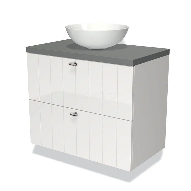 White bathroom unit with grey stone-look basin worktop, including round white countertop wash basin, modern design with two drawers.