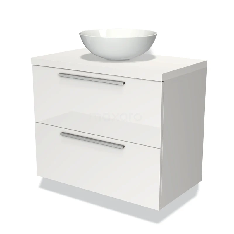 White bathroom unit with two drawers, chrome handles and a round top washbasin, ideal for a modern bathroom style.