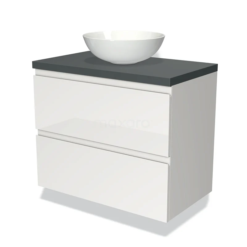 Waschtischunterschrank mit Konsole 80cm Modulo Plato Hochglanz Weiß 2 Schubladen Grifflos Dunkelgrau Platte BMK17-00503 Weißes Badezimmermöbel mit grauer Waschtischplatte und ovalem Aufsatzwaschbecken, modernes Design mit zwei Schubladen für optimale Badezimmerlagerung.