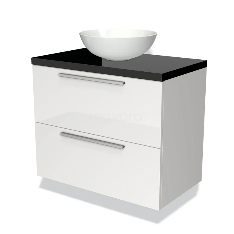 Waschtischunterschrank mit Konsole 80cm Modulo Plato Hochglanz Weiß 2 Schubladen Flach Hochglanz Schwarz Platte BMK17-00504 Weißes Badezimmermöbel mit schwarzer Platte, keramischem Schalenwaschbecken und zwei Schubladen, modernes Design für stilvolle Bäder.