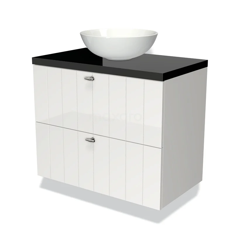 Waschtischunterschrank mit Konsole 80cm Modulo Plato Hochglanz Weiß 2 Schubladen Lamellen Hochglanz Schwarz Platte BMK17-00505 Weißes Badmöbel mit schwarzer Waschtischplatte und rundem Aufsatzwaschbecken, modernes Design, ideal für eine stilvolle Badezimmer Einrichtung.