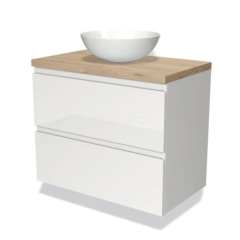 Badmöbel für Aufsatzwaschbecken 80cm Modulo Plato Hochglanz Weiß 2 Schubladen Grifflos Hellbraune Eiche Platte BMK17-00515 Weiße Badmöbel mit zwei Schubladen, Holzoptik Platte und rundes Waschbecken; stilvoll und praktisch für jedes moderne Badezimmer.