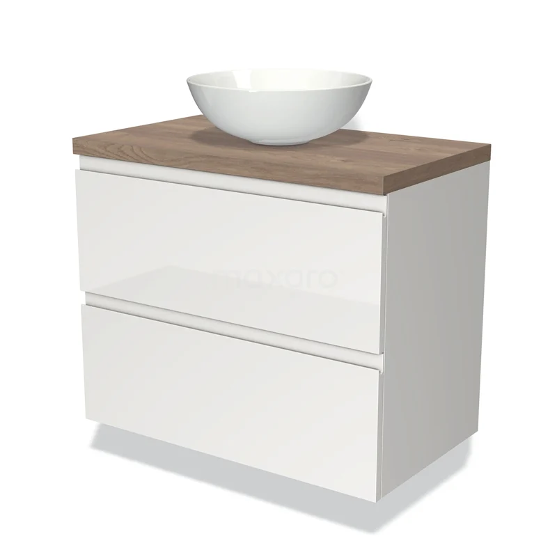 Waschtischunterschrank mit Konsole 80cm Modulo Plato Hochglanz Weiß 2 Schubladen Grifflos mittelbraune Eiche Platte BMK17-00518 Weißes Badmöbel mit Holzplatte, Aufsatzwaschbecken und zwei Schubladen; modernes Design für stilvolle Badezimmerlagerung.