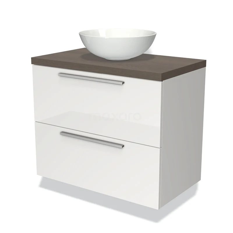 White bathroom unit with ceramic countertop wash basin, wooden worktop and metal handles, ideal for modern bathroom design.