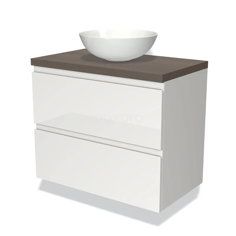 White bathroom unit with wood-look worktop and countertop basin, minimalist design with two drawers for extra storage space.