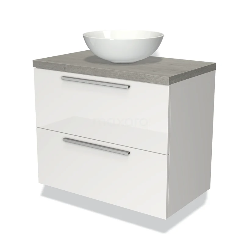 White bathroom unit with stone top and round countertop wash basin, two drawers and modern design, ideal storage solution.