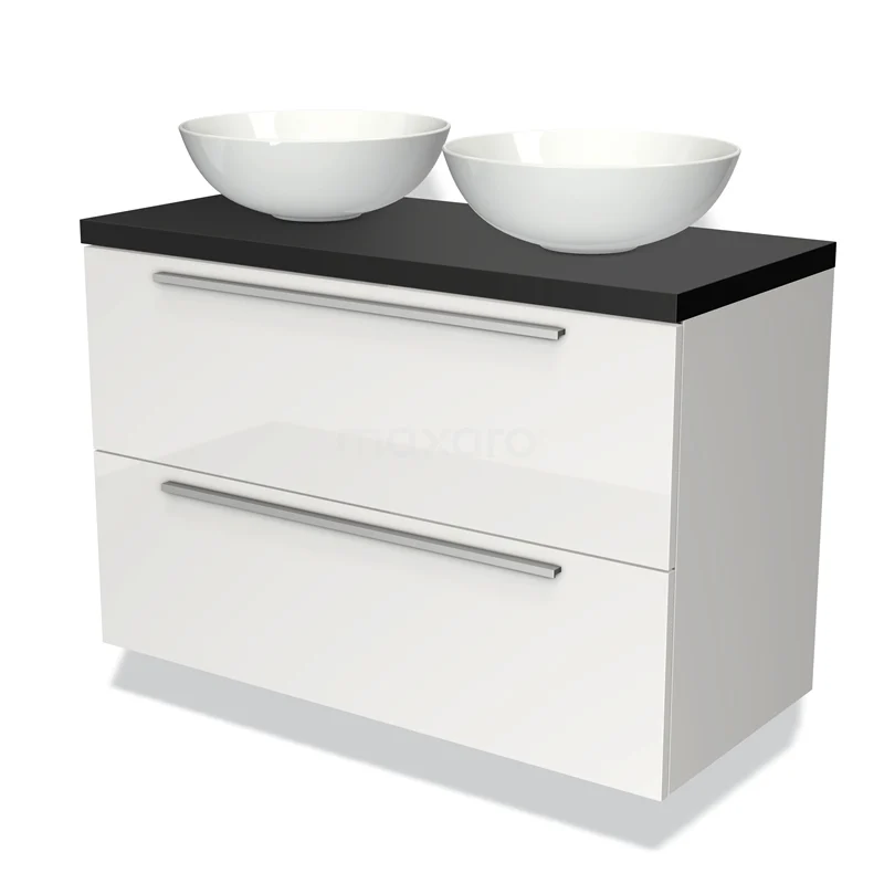 Waschtischunterschrank mit Konsole 100cm Modulo Plato Hochglanz Weiß 2 Schubladen Flach Matt Schwarz Platte BMK17-00531 Weißes Hochglanz-Badmöbel mit schwarzer Platte, zwei runden Aufsatzwaschbecken und metallischen Griffen, modernes Design.