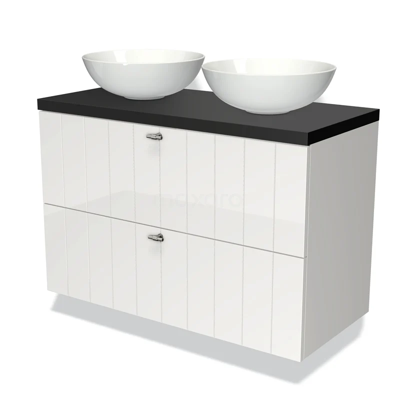 Badmöbel für Waschtischunterschrank mit Konsole 100cm Modulo Plato Hochglanz Weiß 2 Schubladen Latten Matt Schwarz Platte BMK17-00532 Weiße Badmöbel mit zwei runden Aufsatzwaschbecken, schwarzer Platte und metallischen Haltegriffen; stilvoll und funktional für moderne Bäder.