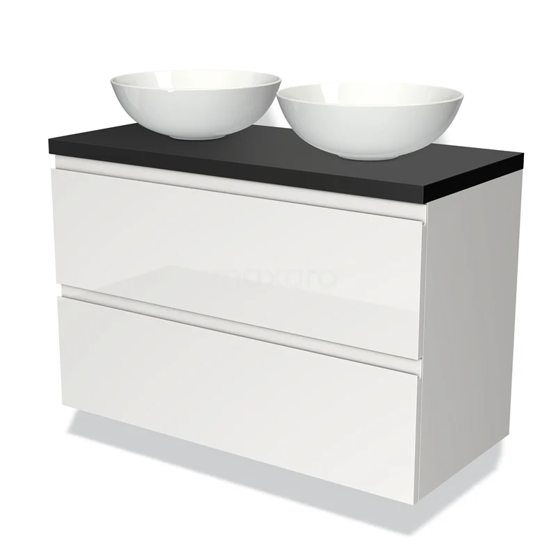 Waschtischunterschrank mit Konsole 100cm Modulo Plato Hochglanz Weiß 2 Schubladen Grifflos Matt Schwarz Platte BMK17-00533 Moderne weiße Badmöbelset mit Hochglanzfinish, schwarzer Oberplatte und doppelten runden Aufsatzwaschbecken, ideal für zeitgemäße Bäder.