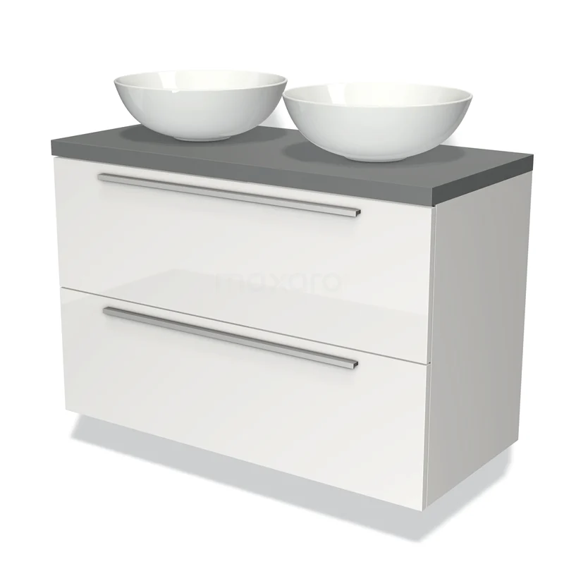 Badmöbel für Waschtischunterschrank mit Konsole 100cm Modulo Plato Hochglanz Weiß 2 Schubladen Flach Mittelgrau Platte BMK17-00534 Moderne weiße Badmöbelset mit grauer Platte und zwei keramischen Aufsatzwaschbecken, ideal für ein stilvolles Badezimmer.