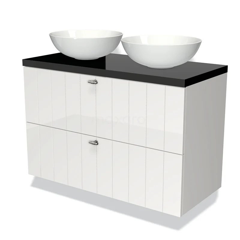 Badmöbel für Waschtischunterschrank mit Konsole 100cm Modulo Plato Hochglanz Weiß 2 Schubladen Lamellen Hochglanz Schwarz Platte BMK17-00544 Weißes Badmöbel mit schwarzer Platte, zwei runden Waschbecken und silberfarbenen Griffen, modernes Design für stilvolle Bäder.