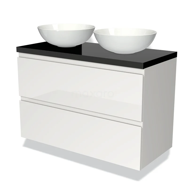 White bathroom furniture set with two round basins, black top and glossy finish, ideal for modern bathrooms.