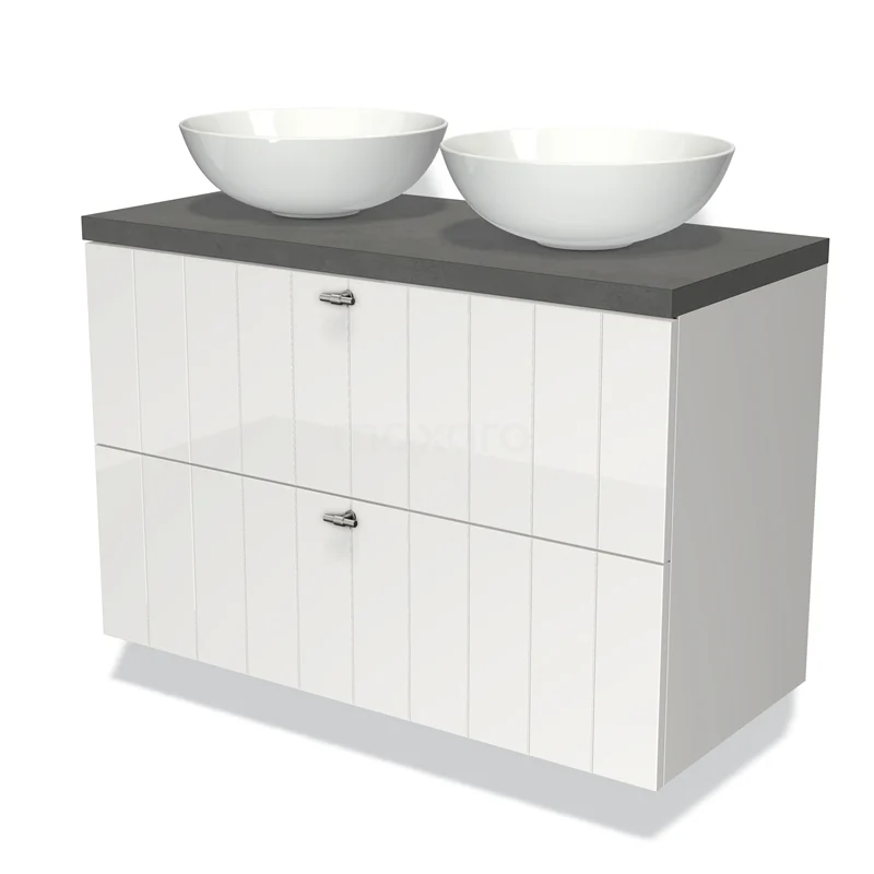 White bathroom unit with double countertop wash basins, grey worktop and vertical lines; modern design for a stylish bathroom.