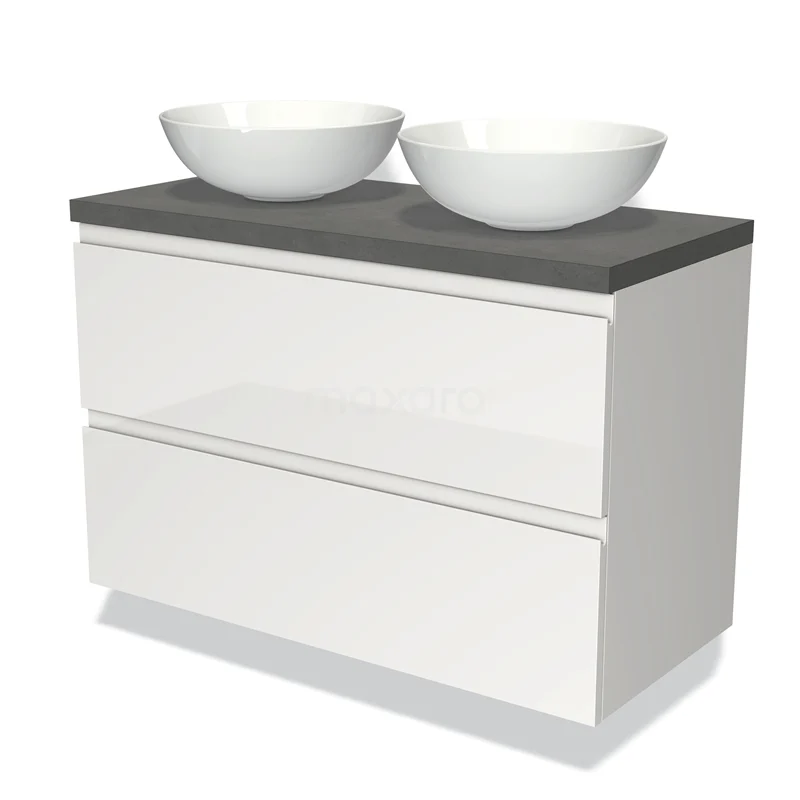 Modern white bathroom cabinet with two round countertop wash basins, grey stone top and two drawers, ideal for stylish bathroom storage.