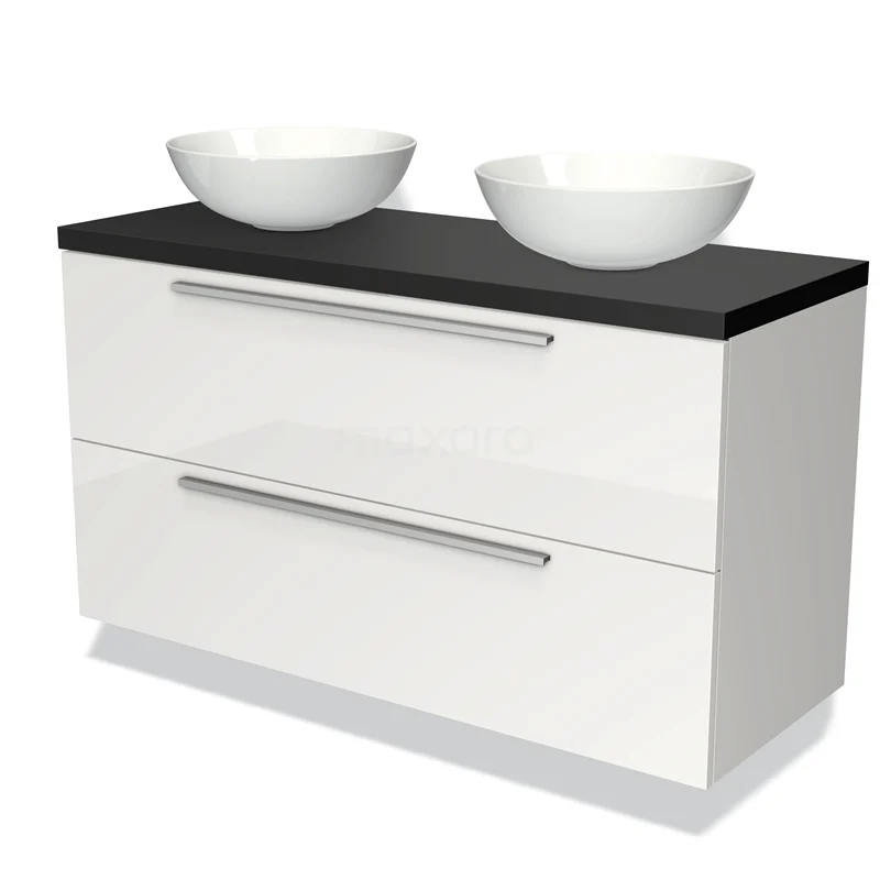 Waschtischunterschrank mit Konsole 120cm Modulo Plato Hochglanz Weiß 2 Schubladen Flach Matt Schwarz Platte BMK17-00570 Weiße Badmöbelset mit zwei runden Aufsatzwaschbecken, schwarzer Platte und Schubladen, modernes Design für stilvolle Bäder.